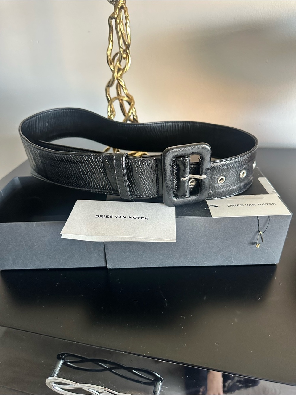 Dries Van Noten Black Textured Leather Belt with Square Buckle